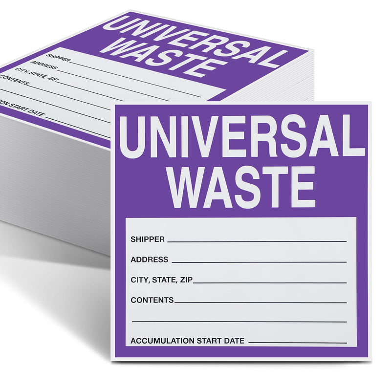 50 Pcs Universal Waste Labels - 6 x 6 Inch Adhesive Coated Paper Hazardous Waste Label, Purple/Black/White 50