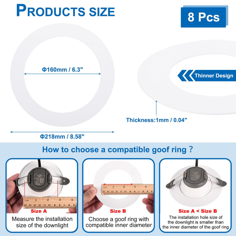 PATIKIL Goof Rings for 6-8" Inch Recessed Can Lighting Down Light, 8 Pcs Metal Goof Trim Rings Cover, Outer Diameter 8.62-inch, Inner Diameter 6.25-inch, Matte Finish White，Flush Mount 8.62" OD x 6.25" ID