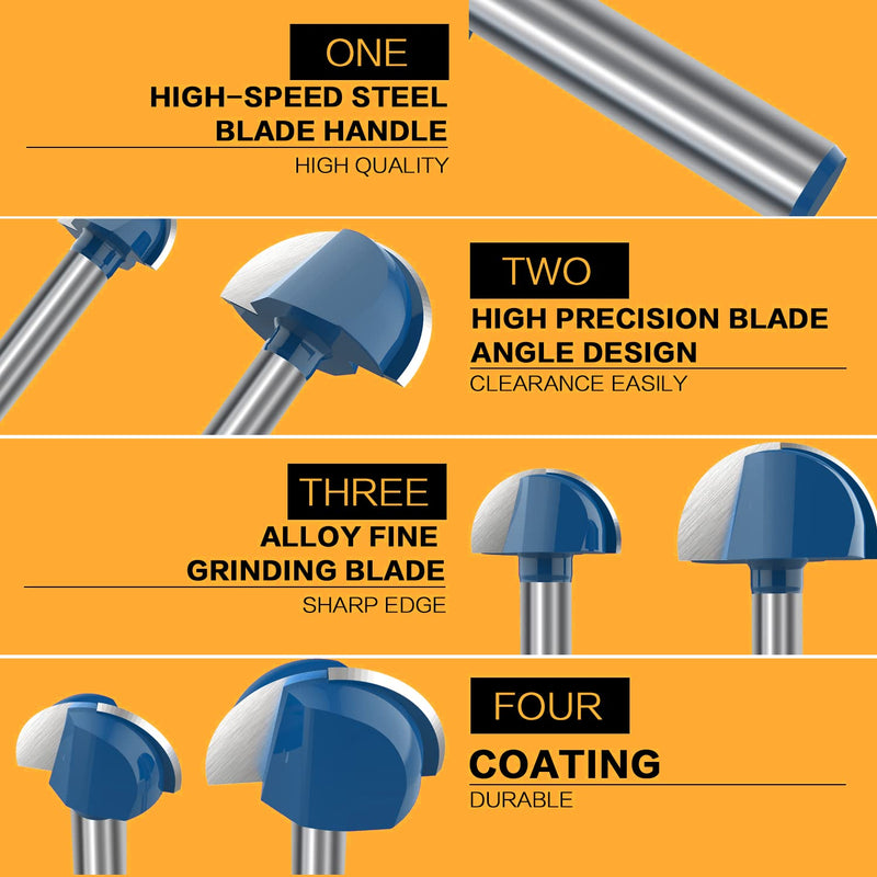 1/4 Inch Shank Cove Box Router Bit - 1/4" 5/16" 3/8" 1/2" 5/8" 3/4" 7/8" 1" Cutting Diameter Solid Carbide Double Flute Core Box Round Nose Woodworking Tool 8 Pcs Cove Box Bit 8PCS-Blue
