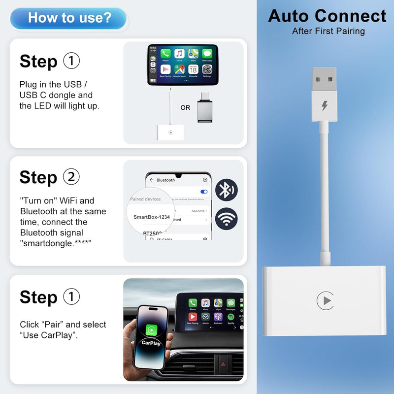 Wireless Carplay Adapter USB for Factory Wired Carplay Cars,Wireless Carplay Dongle Automatic Convert Wired to Wireless,for Volvo VW Audi Ford Mazda Mercedes Honda Chevy Subaru Porsche Hyundai2