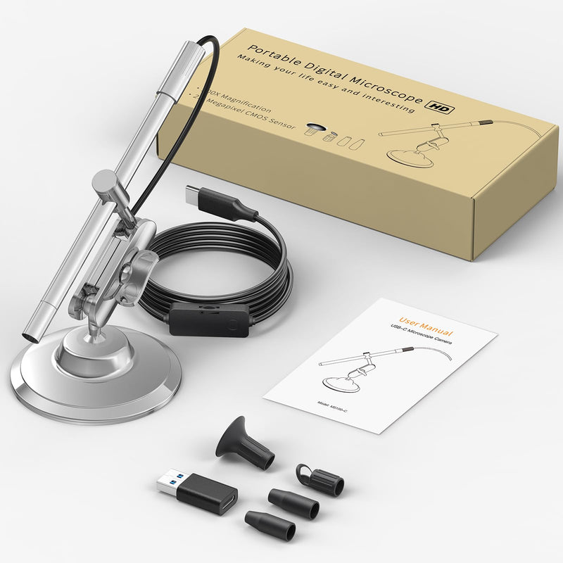 [Australia - AusPower] - Teslong USB-C Digital Microscope, 10X to 200X Magnification Portable Camera with 8 LED Lights, Handheld Rotating Metal Stand for Coin, Electronic, Compatible with iPhone 15+ and Android Devices 