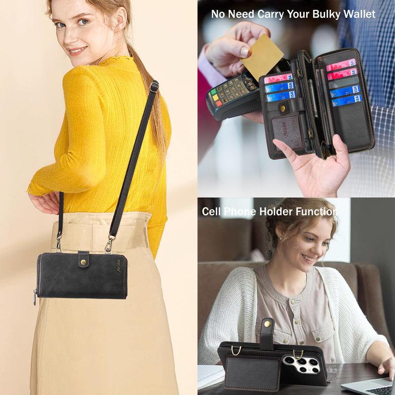 [Australia - AusPower] - for Samsung Galaxy S24 Ultra Wallet Case,Multi-Function Wallet Case, Detachable 3 in 1 Magnetic Galaxy S24 Ultra Case Wallet,Flip Strap Zipper Card Holder Phone Case with Shoulder Straps(Black) Black 