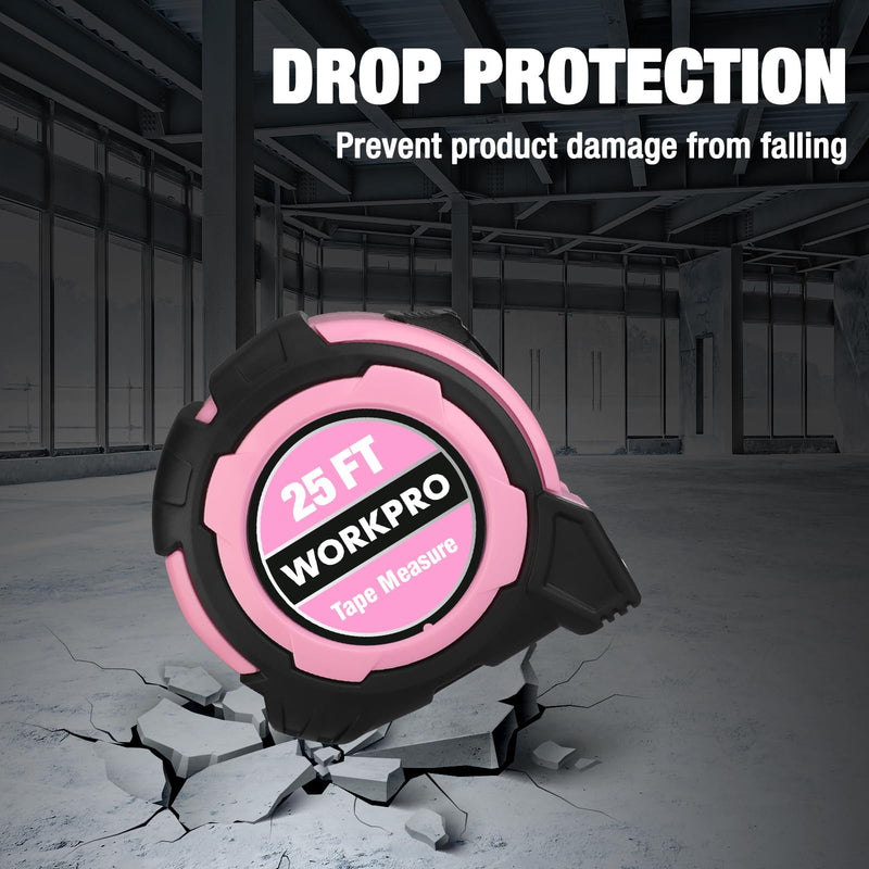 [Australia - AusPower] - WORKPRO 25FT Pink Tape Measure, 1/8 Fractions Easy Read Measuring Tape, Retractable Nylon Coating Measurement Tape Accuracy 1/32, Magnetic Hook, Belt Clip, Rubber Protective Casing 