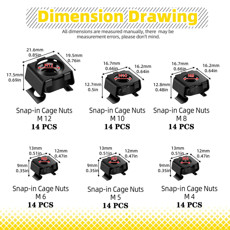 [Australia - AusPower] - 84Pcs Snap-in Cage Nuts Assortment Kit, M4 M5 M6 M8 M10 M12 Carbon Steel Zinc Plated Metric Cage Nuts Clip-On Nuts, Rack Nuts, Rack Mount Clip Nuts for Shelve Cabinet, Black 84 