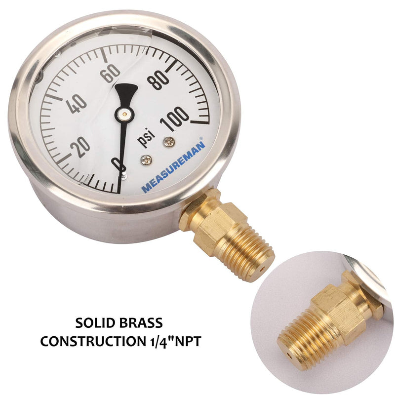 [Australia - AusPower] - MEASUREMAN 2-1/2" Dial Size, Glycerin Filled Plumbing Pressure Gauge, 0-100psi, Stainless Steel Case, 1/4"NPT Lower Mount 0-100 psi 