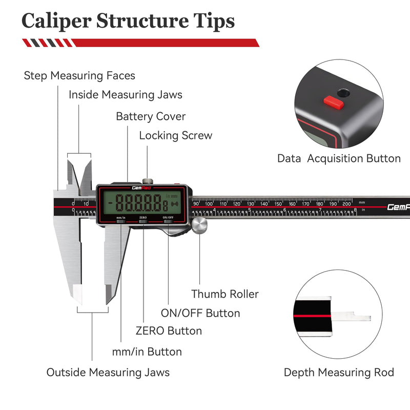 [Australia - AusPower] - Wireless Digital Caliper, 200mm/8inch Stainless Steel Precision Measuring Tool with Data Output, Inch/MM Conversion, Zero Reset, Auto Off, for DIY, Woodworking, Jewelry Making 