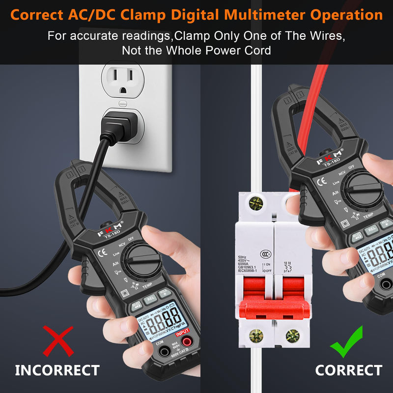 [Australia - AusPower] - FKM AC/DC Amp Clamp Meter Multimeter Tester TRMS 6000 Counts Auto-ranging Smart Digital Voltage Tester,for AC/DC Current/Voltage,NCV Detection,Capacitance,Resistance,Ohm,Continuity,Diode,Hz,Temp Test Black-(AC/DC Current)Clamp Meter 