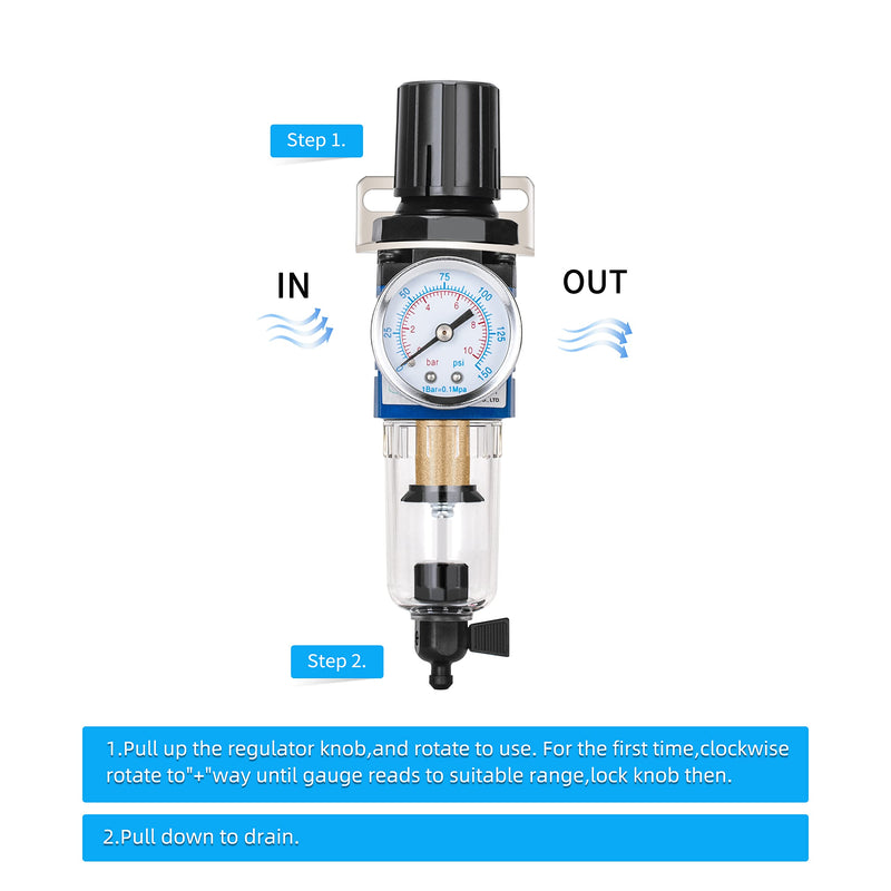 [Australia - AusPower] - NANPU 1/4" NPT Compressed Air Filter Regulator Combo Piggyback, 5 Micron Brass Element, Poly Bowl, Manual Drain, Metal Bracket, 0-150 psi Gauge - AW2000-02M 