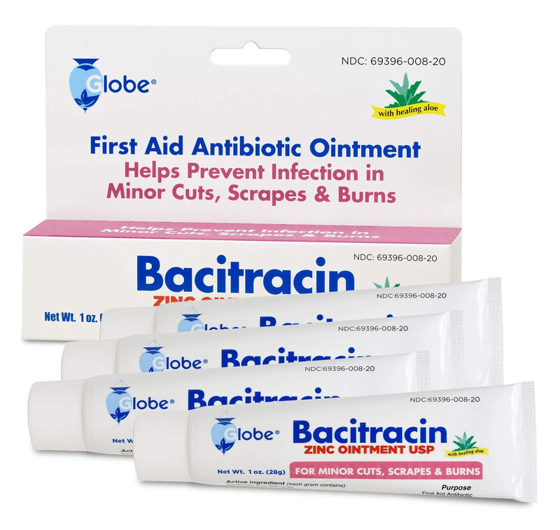 [Australia - AusPower] - (4 Pack) Globe Bacitracin Zinc Ointment + Aloe 1oz, Antibiotic Ointment, Essential Antibiotic First Aid Supplies, Healing Action, Maximum Antibiotic Power, Prevents Infection in cuts, scrapes, Burns 