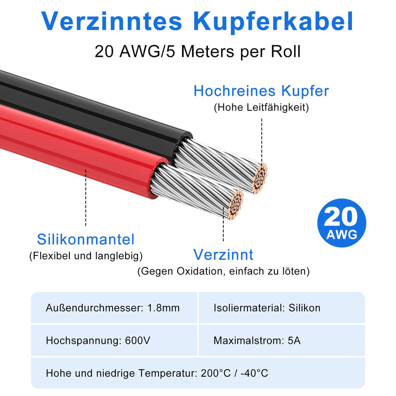 LightingWill 20 AWG 0.5 mm² Silicone Electric Cable Set in 8 Colors, 5 Meters per Roll Stranded Wire Cable, Flexible Tinned Copper Cable for DIY, Car, Home Installations and Power Cabling 20 AWG (0.5 mm²)