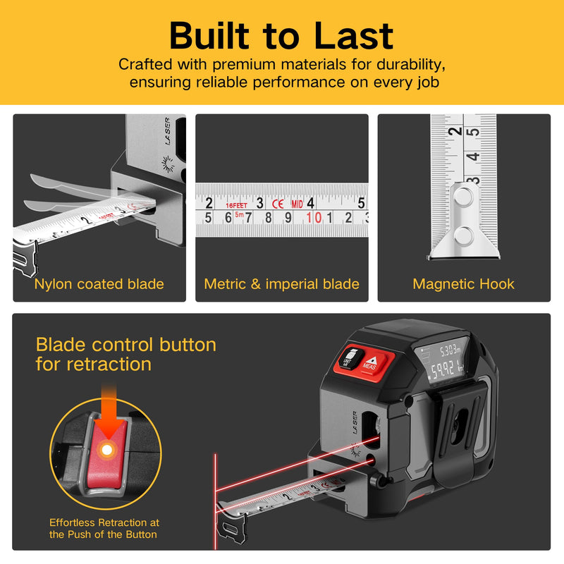 [Australia - AusPower] - 2 in 1 Laser Tape Measure, 130Ft Rechargeable Laser Measurement Tool & 16Ft Measuring Tape with Magnetic Hook, Flexible Baseline Switching, Area, Volume, Ft/Ft+in/in/M Unit 
