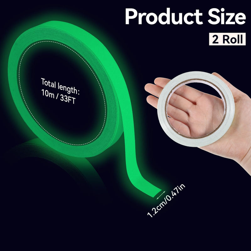 2 Roll Glow Dark Tape, 1/2in × 33 Ft Fluorescent Waterproof Glow in the Dark Tape, High Visibility Glow Dark Reflective Tape for Night Decorations, Stairs, Exit Sign