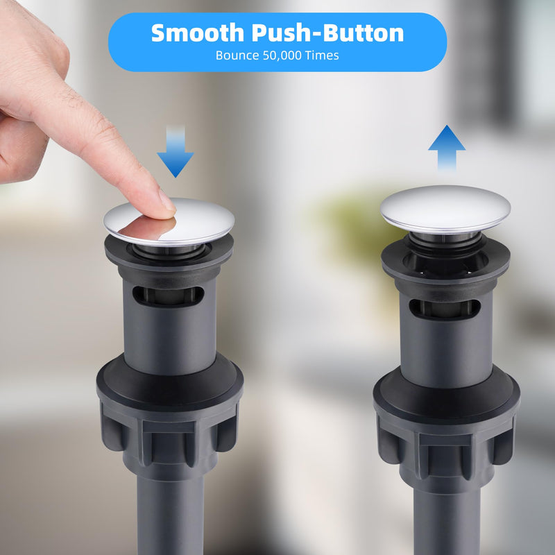 Hibbent 2 Pack Universal Bathroom Sink Drain Stopper, Pop Up Drain Strainer with Overflow, Push and Seal Sink Plug with Basket for Lavatory Vanity Vessel, Anti-Clogging Strainer, Chrome High-quality Plastic Chrome Finish