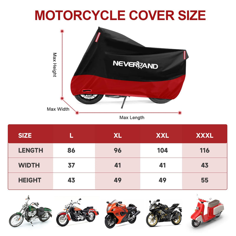 [Australia - AusPower] - NEVERLAND Motorcycle Cover Waterproof Outdoor, 300D Motorcycle Cover Heavy Duty Outdoor All Season Protection, Universal Motorbike Cover with Night Reflective, Lock-Holes, Storage Bag (Up to 86") L 