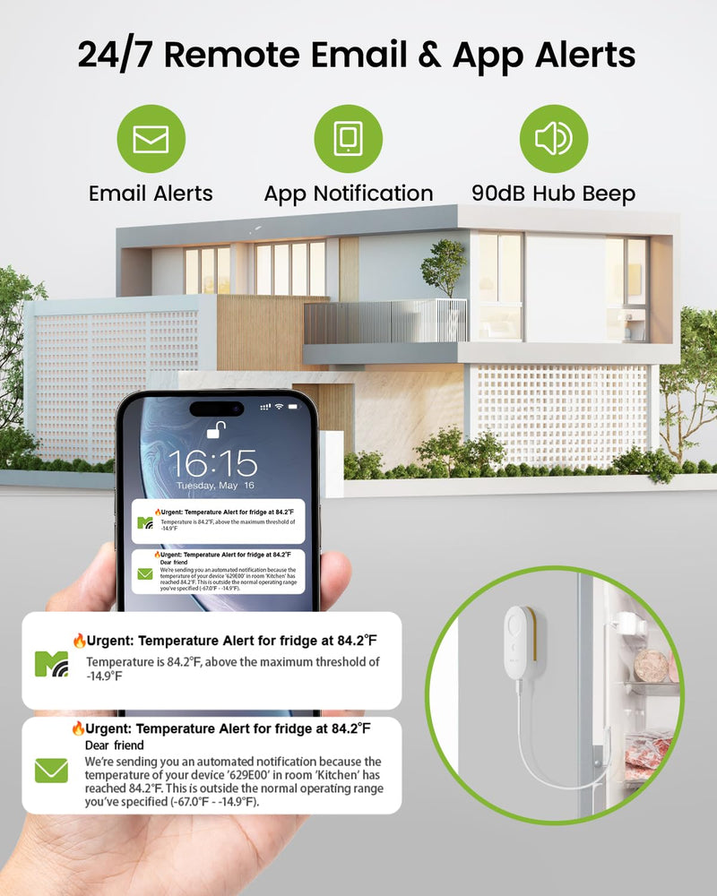 MOCREO WiFi Thermometer Freezer Alarm, Email Alert, App Notification, Data Record Export, No Subscription Fee, 2 Remote Wireless Temperature Sensors for Refrigerator, Freezer, Hot Tub 1 No LCD Hub + 2 Sensors