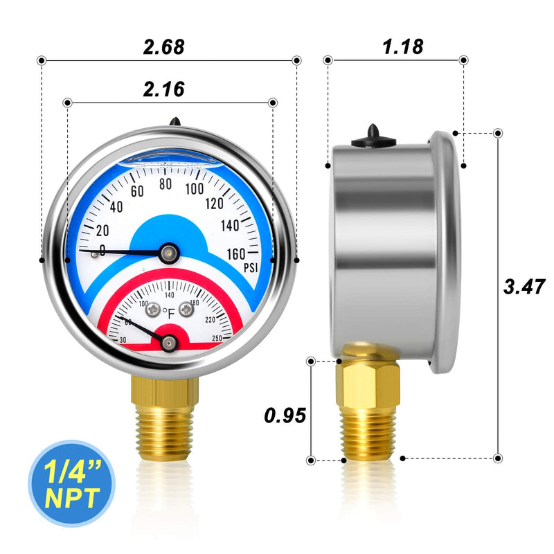 [Australia - AusPower] - MEANLIN MEASURE 2PCS 0-160Psi Stainless Steel Thermal Pressure Gauge 30-250℉ 1/4" NPT 2.5" FACE DIAL Liquid Filled Pressure Gauge, with 1/2" NPT and 3/8" NPT Hex Bushing, Lower Mount Liquid Filled/2PCS 