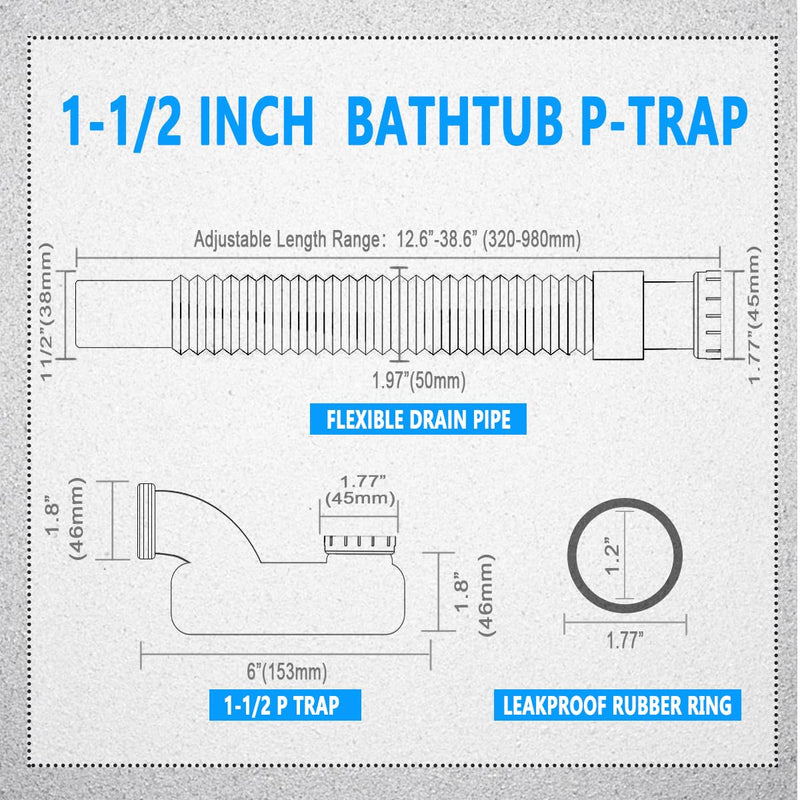 Cinsda Bathtub Shower Drain Pipe, Low Profile Flat 1 1/2 P Trap Kit Flexible Freestanding Tub Drain for Bath
