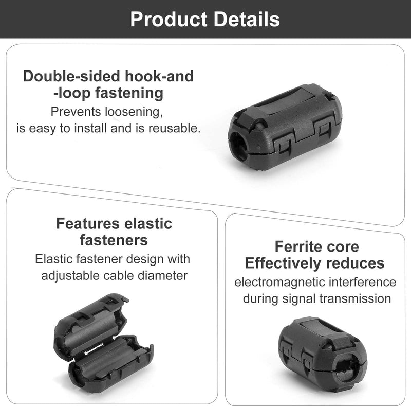 Ferrite Core Set 30 Pieces 3 Sizes 3.5 mm 5 mm 7 mm Black | Nickel zinc ferrite with PA66 clip housing to reduce EMI RFI interference to USB audio video and power cables