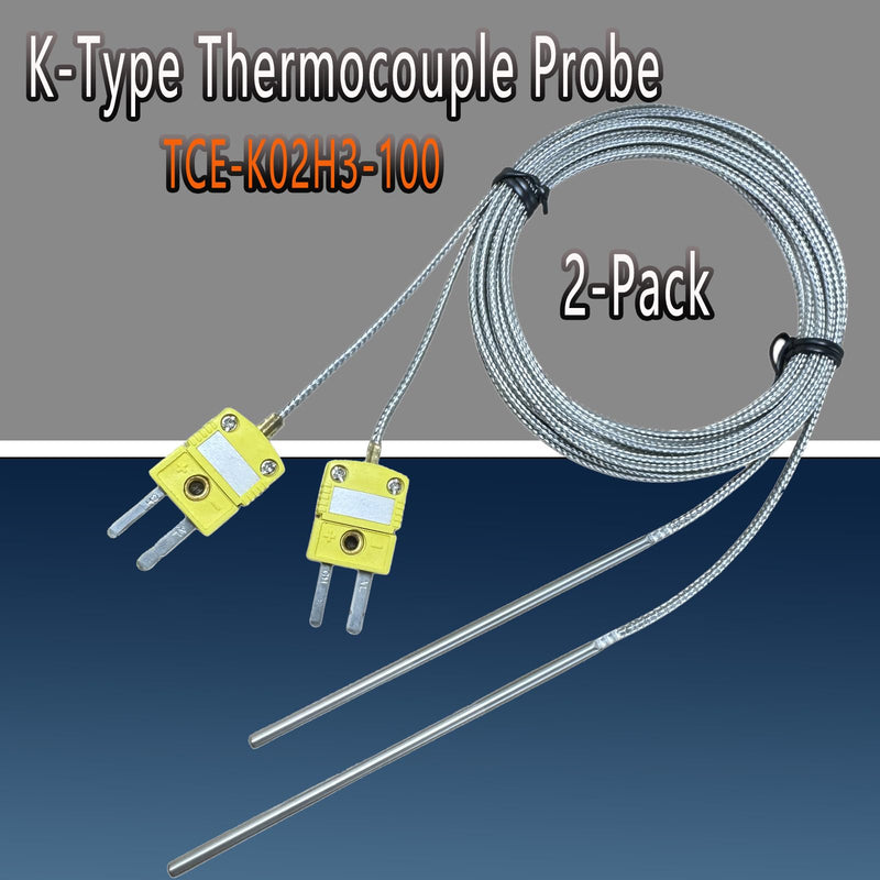 [Australia - AusPower] - 2-Pack TCE-K02H3-100 Furnace K-Type thermocouple Probe 77 ° F to 1112 ° F Probe 0.1in-3.6in Cable 79in 
