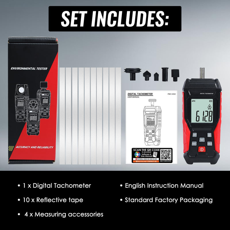 [Australia - AusPower] - Dual-Mode Digital Tachometer RPM Gauge Contact & Non-Contact Handheld Tach Meter with Backlit LCD, MAX/MIN Hold, 3-99999RPM + 10Pcs Reflective Tape for Laser Photo Speed Tester 