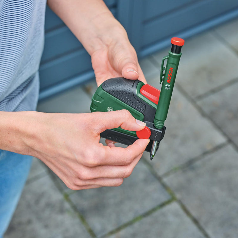 Bosch Maßband 5m/16ft mit Stifthalter (Auto-Lock; Nylonbeschichtetes Band; 22mm Breite; abknickfreie Ausziehlänge 2m; Skala metrisch/zöllig; hohe Genauigkeit; Gürtelclip; Ergonomisch mit Softgrip) 5 m