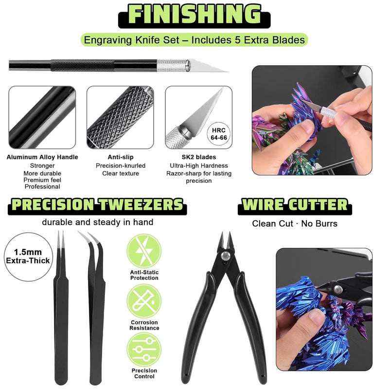 [Australia - AusPower] - 3D Printer Tools Kit, 34pcs 3D Printer Accessories for All FDM/SLA Printers Includes Nozzle Cleaning, Removal Scrapers, Finishing Tools, 5 Types of Files,Brushes, Wire Cutter, Engraving Knife All-purpose Kit 