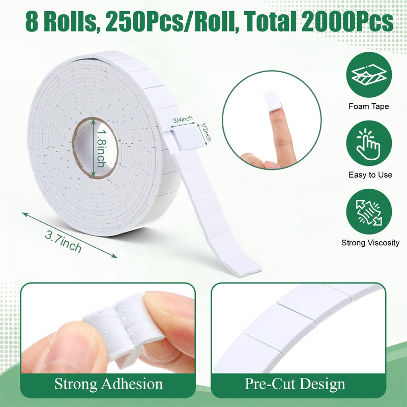 8 Roll 2000 Pcs Double Sided Foam Tape Pre-Cut 3/4 x 1/2 Inch 3D Adhesive Squares Heavy Duty No Residue Mounting Tape Dots for Crafts DIY Art Sewing Office Supplies