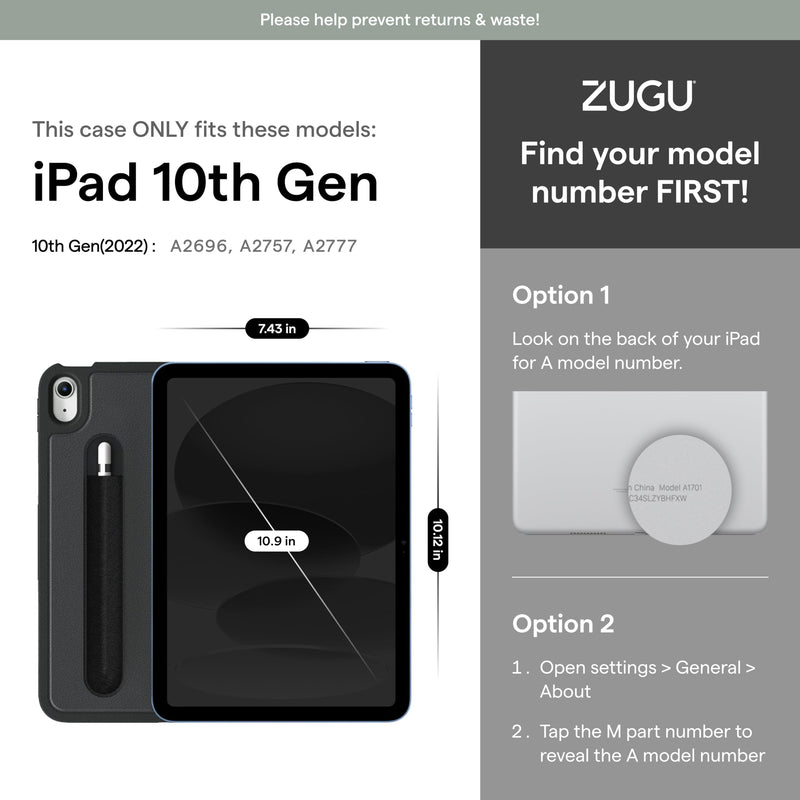 [Australia - AusPower] - ZUGU CASE for iPad 10.9 Inch 10th Gen (2022) Slim Protective Case - Magnetic Stand & Sleep/Wake Cover (Model #s A2696, A2757, A2777) - Stealth Black 