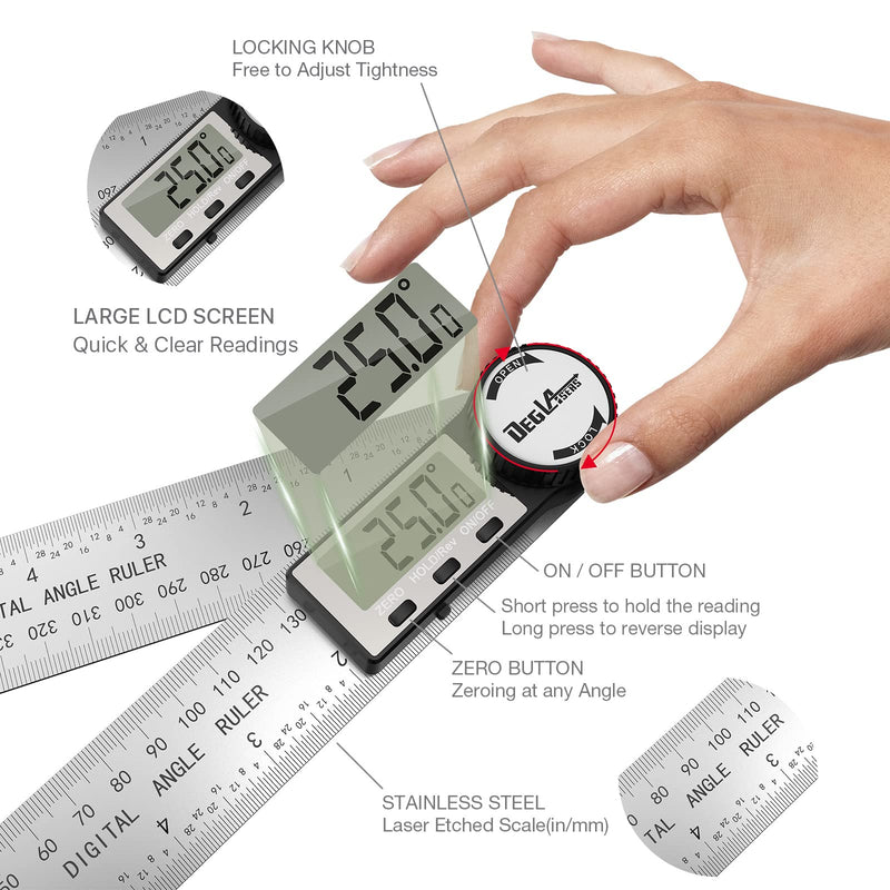 [Australia - AusPower] - Digital Angle Finder Protractor, DEGLASERS Digital Protractor 7inch/200mm Stainless Steel Angle Measuring Tool with LCD Display for Carpenter/Woodworking (Battery Included) 