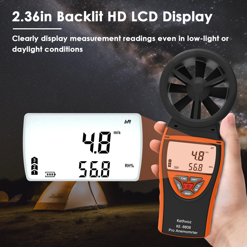 [Australia - AusPower] - Handheld Vane Anemometer Air Flow Tester, Kethvoz Digital Wind Speed Meter Measure Air Velocity 0.3~30m/s, Test Temperature Humidity, Portable Carrying Case Included 