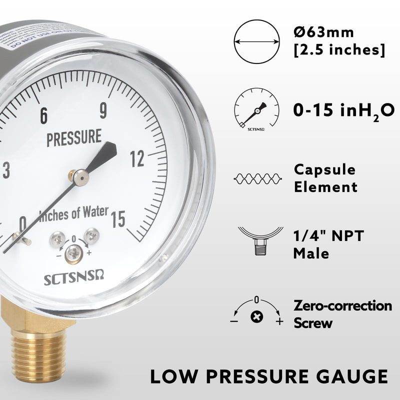 [Australia - AusPower] - 0 to 15 Inches of Water Column Pressure Gauge, Capsule Measurement System, 2.5 inch Dial, 1/4" NPT Lower Mount, Chrome Plated Case, for Gas Line, Regulator, Air, Low Pressure Test 0-15 inH2O 