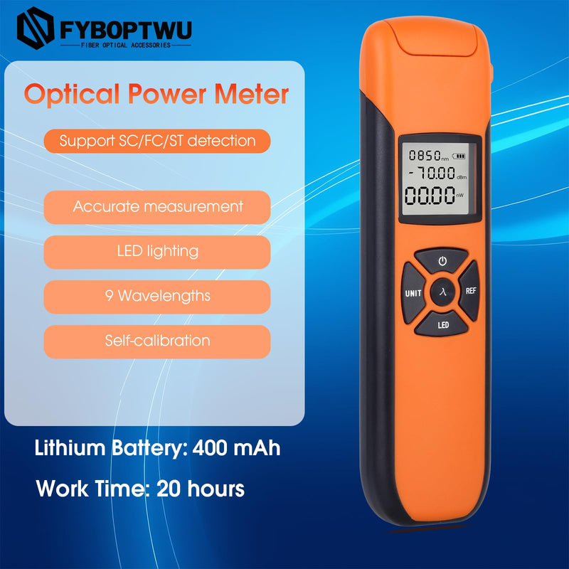 [Australia - AusPower] - Rechargeable Optic Power Meter -70~+10 dBm Fiber Light Meter for Testing 9 Calibrated Wavelengths Compact Size (4.9in*1.3in), Continuous use for 20 Hours 
