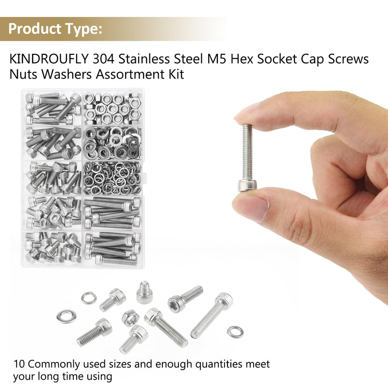 [Australia - AusPower] - 212 Pieces M5 x 6/8 /12/16 /20/25 /30mm Hex Socket Head Cap Screws Nuts Washers Assortment Kit, 304 Stainless Steel, Fully Machine Thread 