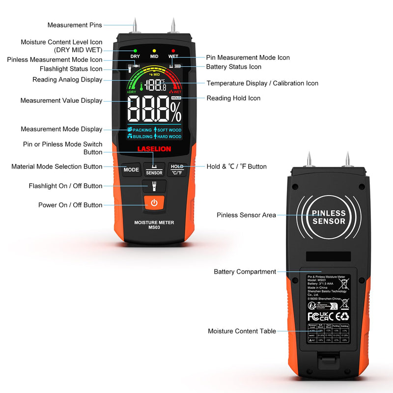 [Australia - AusPower] - 2-in-1 Pin & Pinless Moisture Meter MS03 – Accurate Moisture Detection for Wood, Concrete, Drywall, and More – LCD Display with Hold Function, Flashlight, and Auto Power Off 