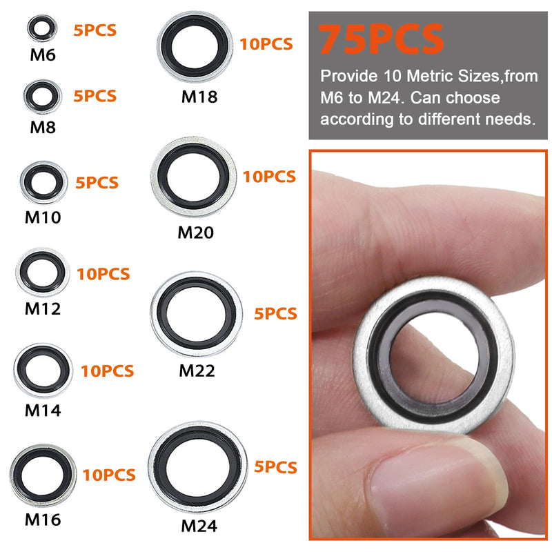 [Australia - AusPower] - Automotive Self-Centered Bonded Seal Gasket Assortment Kit Bonded Seal Oil Washer Assortment Kit, 10 Sizes 75 PCS Stainless Steel 