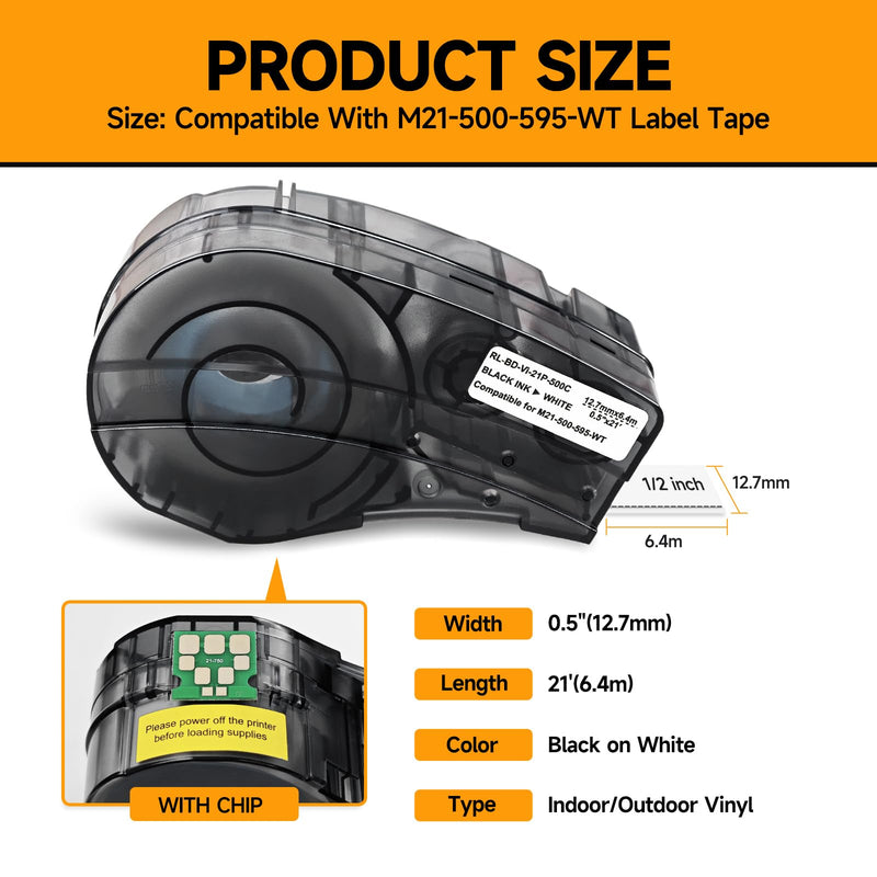Replacement for Label Tape M21-500-595-WT, All-Weather Vinyl Label 1/2" W 21' L Black on White Compatible with M210 and M210-LAB Printer, for Indoor/Outdoor Labels, 1Pcs 0.5" x 21' Vinyl Label Compatible with M21-500-595-WT