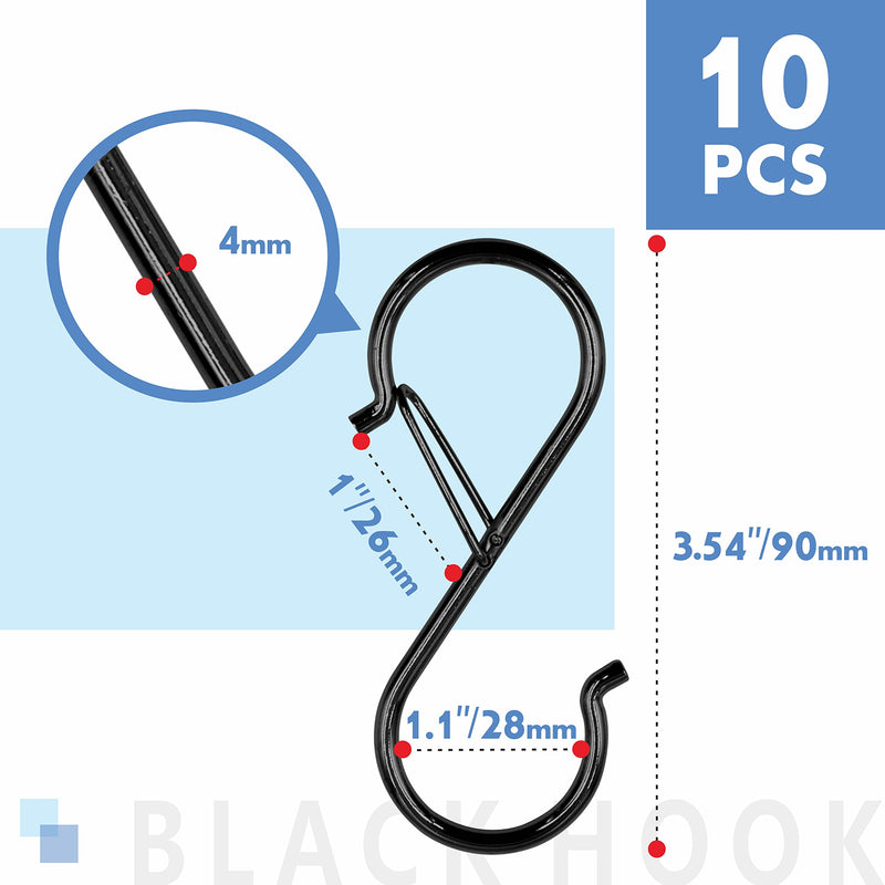 [Australia - AusPower] - Vantasii 10 PCS S Hooks, Rustproof S-shaped Hook with Safety Buckle Heavy Duty Metal S Hanging Hook for Clothes, Pots, Pans, Kitchen Utensil, Cubicle, Closet Rob, Bags (3.5 inch, Black) 