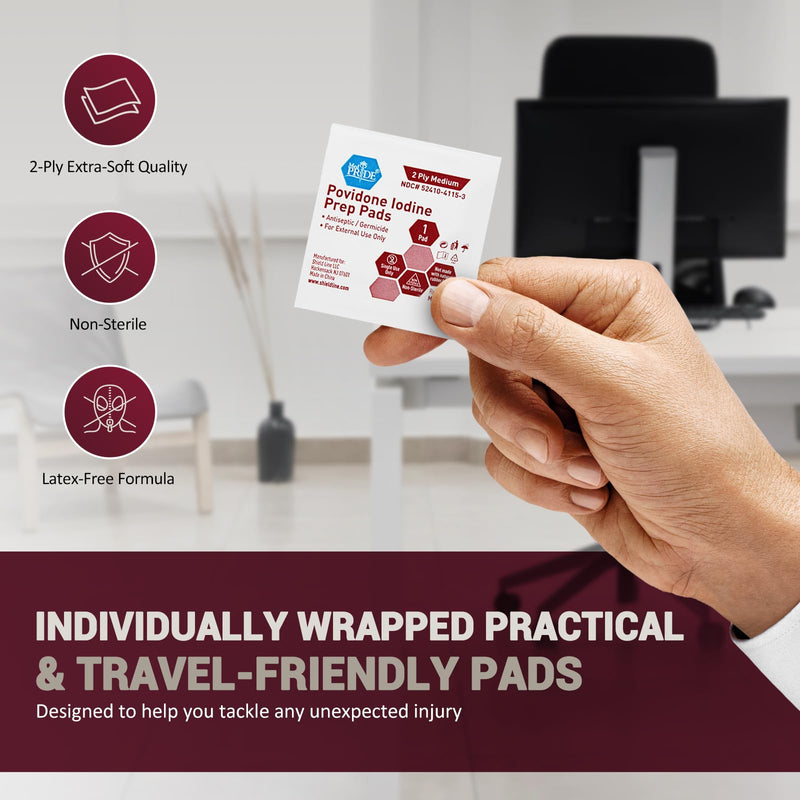 [Australia - AusPower] - MED PRIDE Povidone Iodine Prep Pads For Wounds [Box of 100] - Individually Wrapped Iodine Wipes, 2-Ply, Medium- Wound Care First-Aid Antiseptic- Alcohol-free Medical-Grade 10% Povidone Iodine Packets 