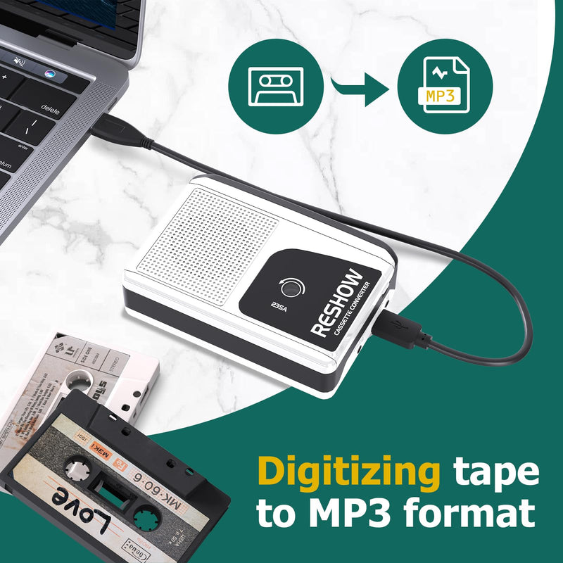 [Australia - AusPower] - Reshow Portable Cassette Player with Built-in Speaker and Headphone Jack, USB C Cassette to MP3 Converter, Reverse Recording to Tape, Walkman Cassette Recorder, Full Stereo Sound-White White 