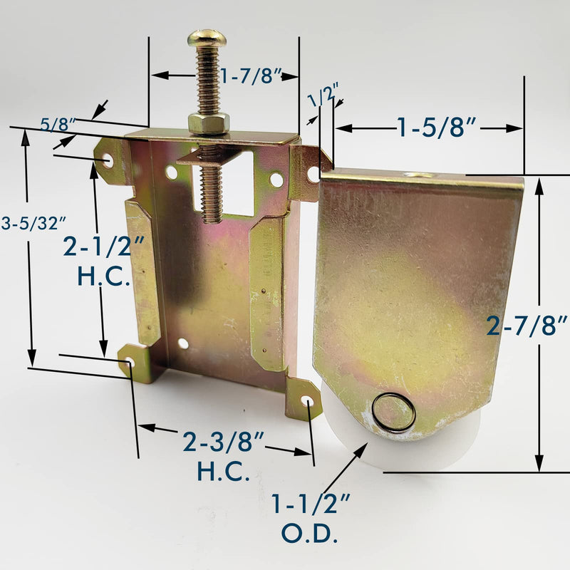 Sliding Mirror Door Rollers Assembly Fit Contractors Part #W8020C, 1-1/2" Nylon Concaved Wheels, 2-1/2" Hole Centers, Top Adjustable, Yellow Zinc Plated, 4 Pack 2-1/2" H.C. - 4Pack