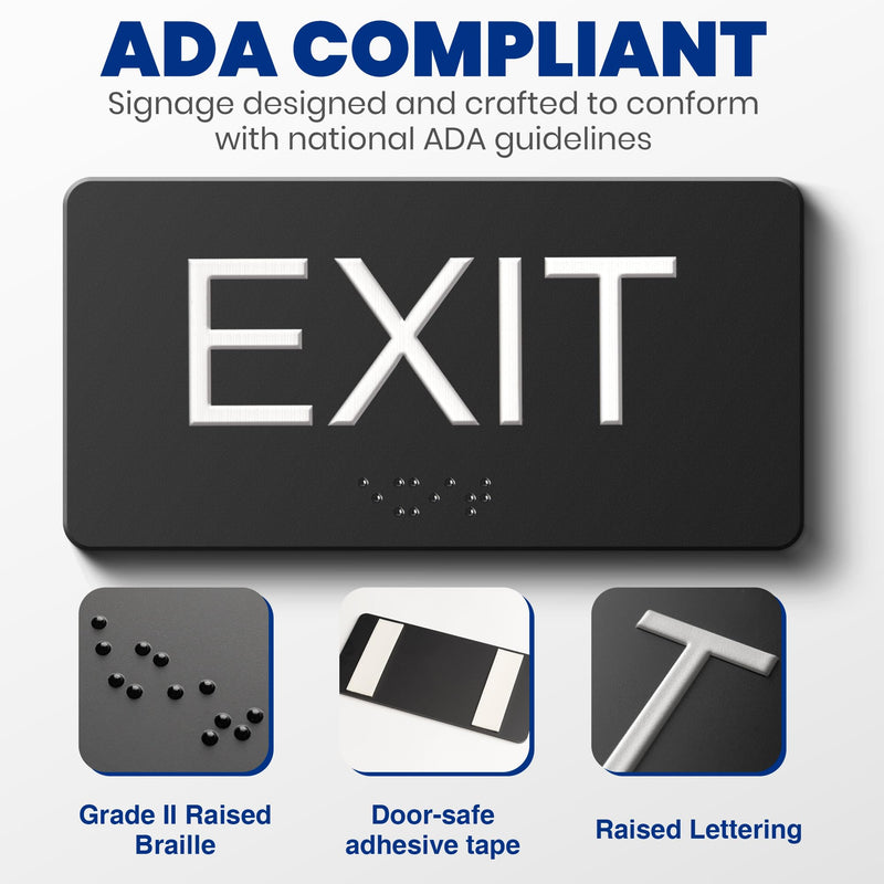 ADA Compliant Exit Signs- 2pk Exit Sign with Braille and Raised Letters Emergency Exit Sign for Business Office Public Space Indoor/Outdoor Easy Adhesive Install Acrylic Horizontal 6.3”×2.9” 2pk-horizontal