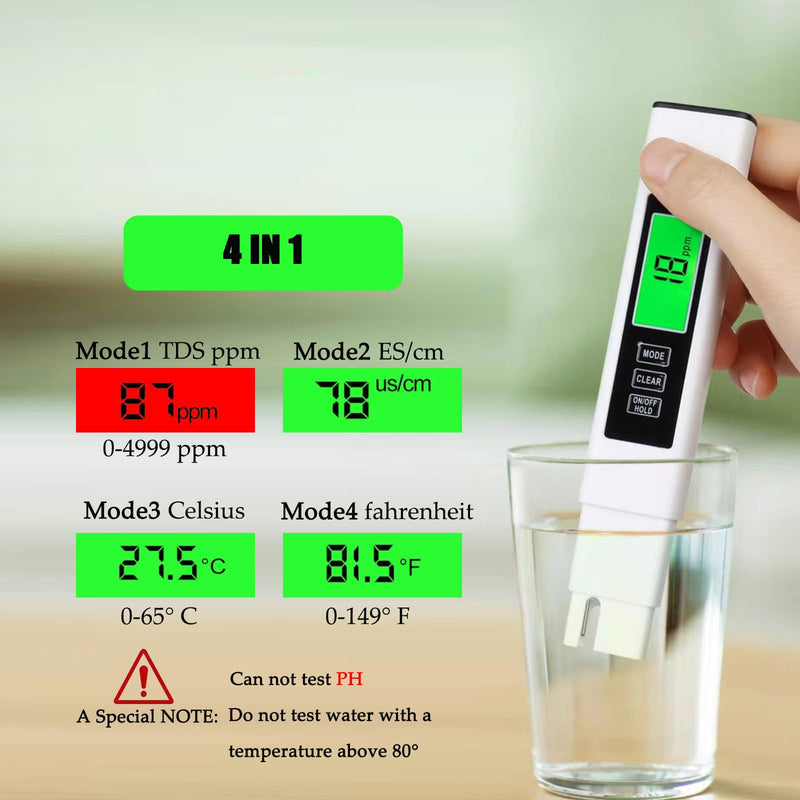 [Australia - AusPower] - 4 in 1 Tds Meter Digital Water Tester, Accurate and Reliable TDS EC & Temp(°C,°F) Meter, 0-9990ppm Water Quality Tester for Drinking Water RO/DI System, Aquariums etc 