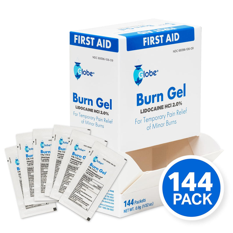 [Australia - AusPower] - Globe First Aid Burn Gel with Aloe 0.9g Packets, (Box of 144) Advanced First Aid Gel for Temporary Relief of Minor Burns, Cuts, and Scrapes 