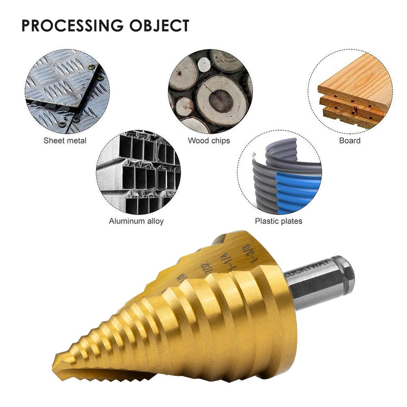 Luckyway 1/4" to 1-3/8" Step Drill Bit, 15 Sizes HSS(M35)-Cobalt Titanium Coated for Metal, Stainless Steel Drilling M35 Cobalt 1/4" to 1-3/8"