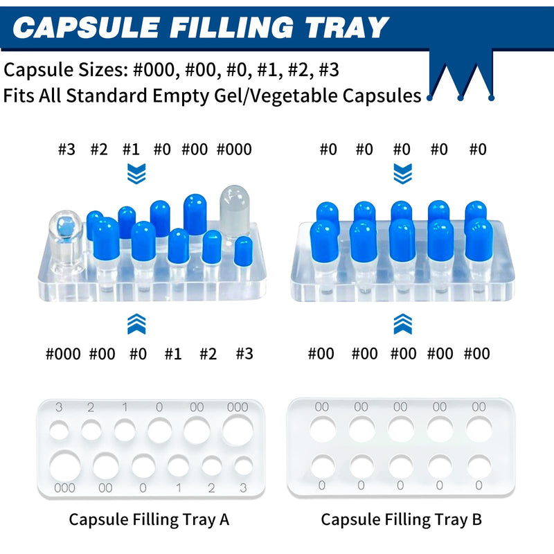 [Australia - AusPower] - Capsules Filling Machine Tray Kit - 12Pcs Powder Tamper Capsule Holder Filler Maker Tool - Empty Gel Lab Scoops Tiny Spatula Micro Spoon Funnel Quick Fill Tools Size #000 00 0 1 2 3 