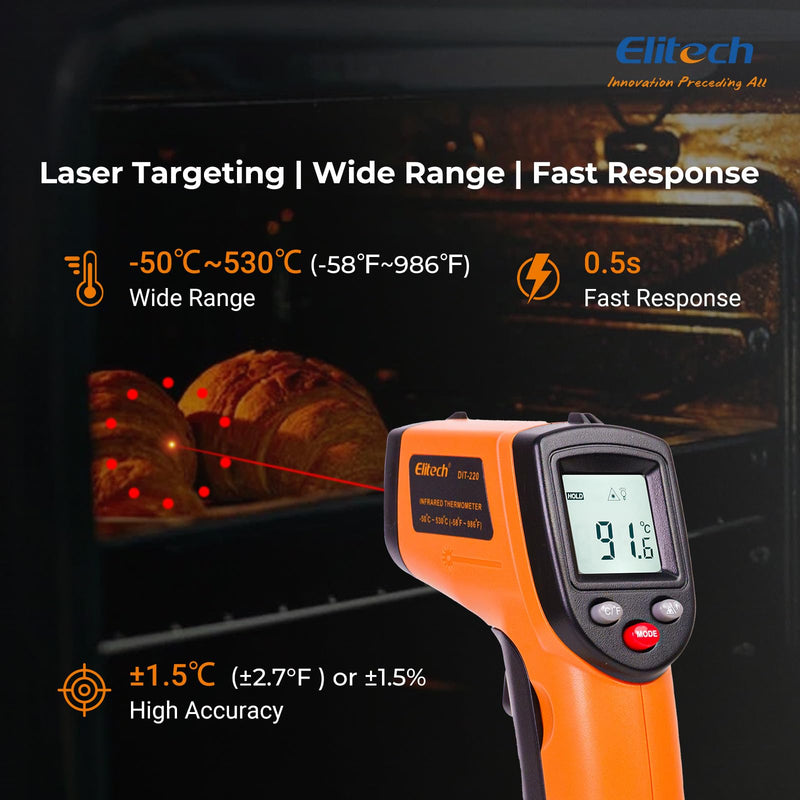 [Australia - AusPower] - Elitech Laser Temperature Gun, Non-Contact Digital Infrared Thermometer, Adjustable Emissivity, Backlight, Handheld for Grill, Meat, Food, Candy, Automotive, HVAC Tools, -50~530°C(-58~986°F), DIT-220 1 