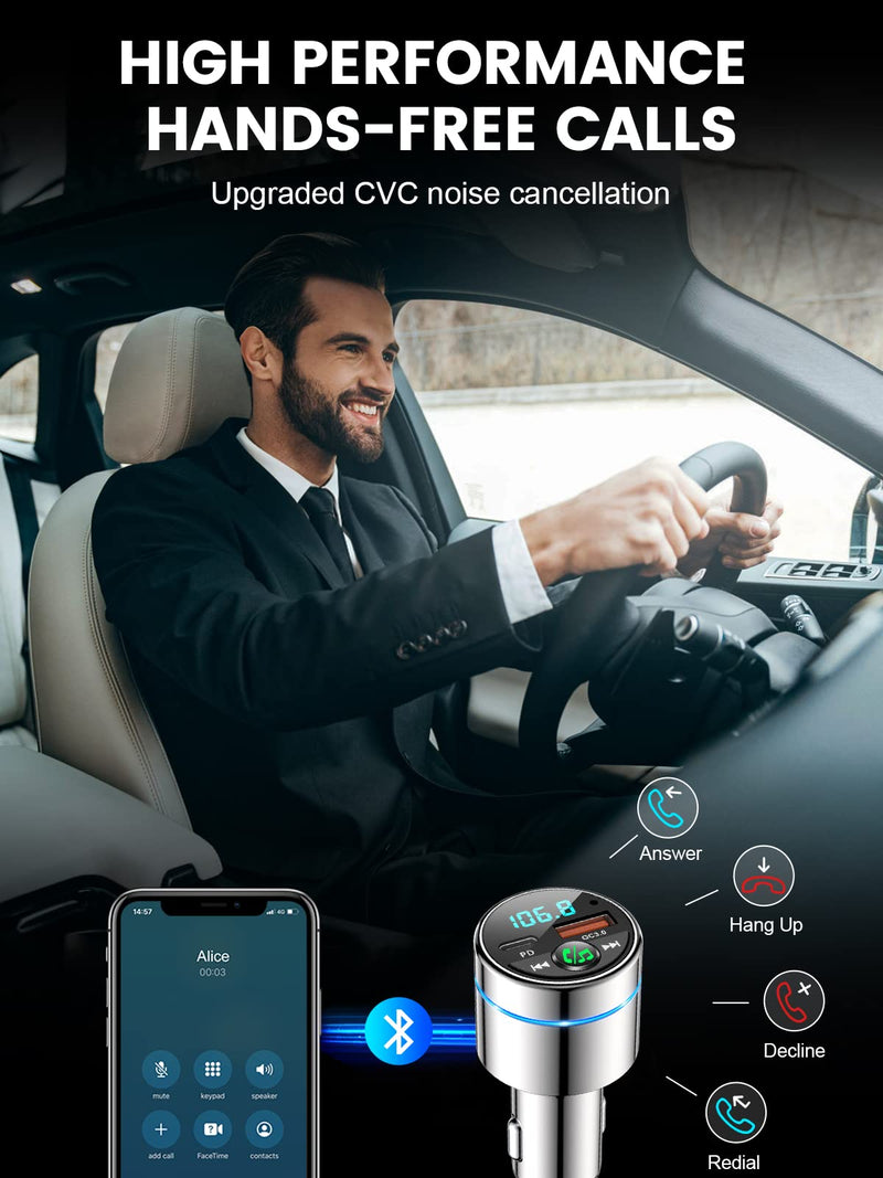 [Australia - AusPower] - FM Transmitter for Car Bluetooth 5.3, [All-Metal] PD 30W & QC3.0 18W Fast Car Charger, Wireless FM Radio Car Kit Bluetooth Car Adapter, Noise Cancelling Hands-Free Call, Blue Light - Silver 