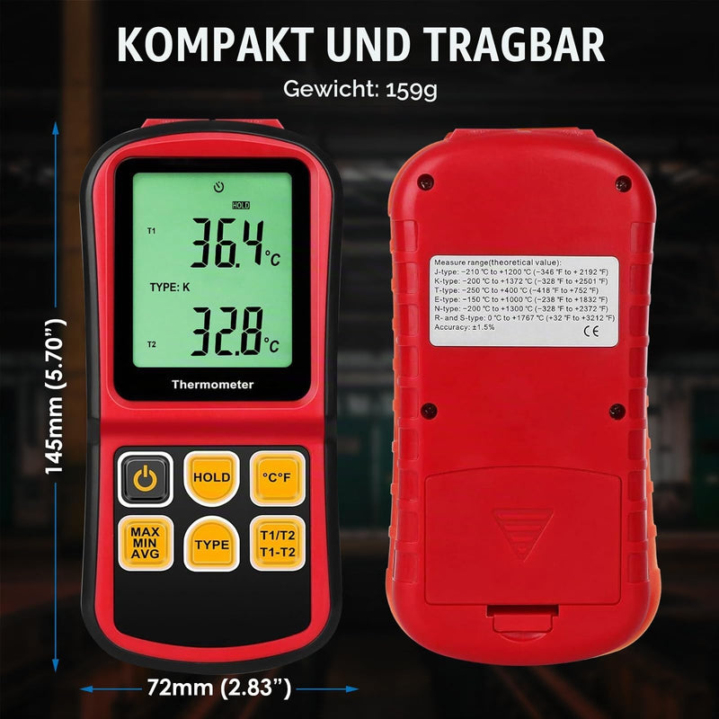 Dual Channel Thermocouple Thermometer, Type K/J/T/E/R/S/N, -150 to 1767 °C (-238 to 3212 °F) Digital Temperature Meter with Backlight Data Hold Function