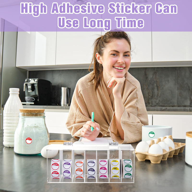 3500 PCS 7 Days of The Week Stickers 0.79 Inch Sticker Roll Dispenser Holder Acrylic Day Dot Dispenser Food Date Labels Stickers Monday to Sunday for Kitchen Restaurant Expiration Date 0.79 Inch Label Round Label