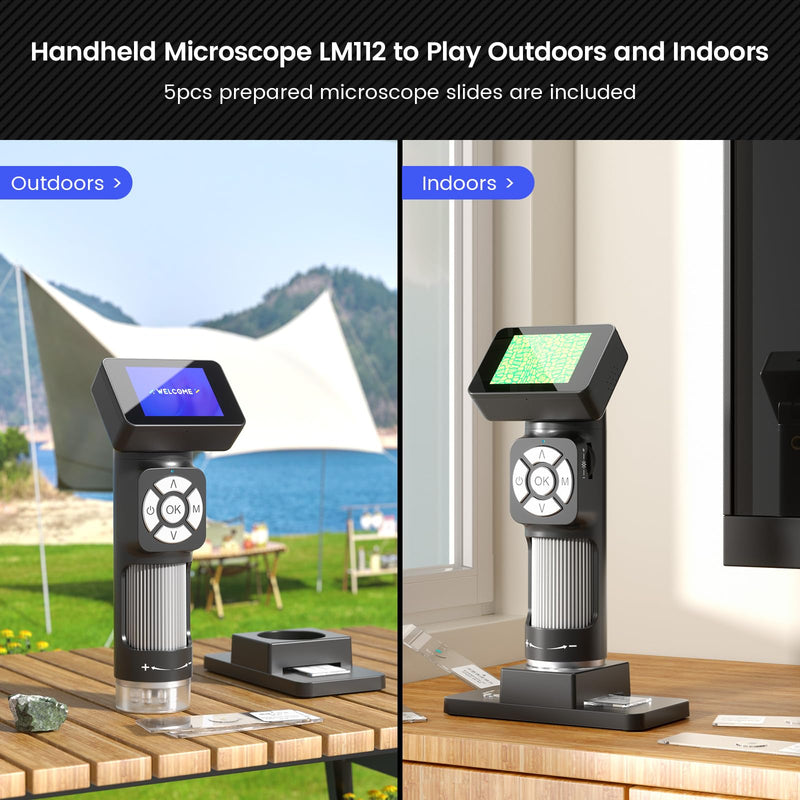 LM112 Microscope for Kids Adults Handheld with 2" Screen, 500X Portable Microscope Kit with Case, USB Magnifier with 8 LED Light, 5pcs Biological Slides, 32G